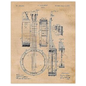 Vintage Banjo Patent Print, 1 (11x14) Unframed Photos, Wall Art Decor Gifts for Home Office Gears Garage School College Student Teacher Coach Grassroots Musician Country Bluegrass Live Music Fans