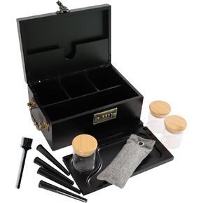 Bamboo Box with Combination Lock & Accessories -3 Smell Proof Jars, 4 Tube, Rolling Tray,Brush - Accessories Family Organizer Set with Handle, Locking Stash Box