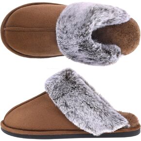 Women's Comfy Faux Fur Scuff Slippers Micro Suede Memory Foam Slip on Fuzzy Slide House Shoes Anti-Skid Sole