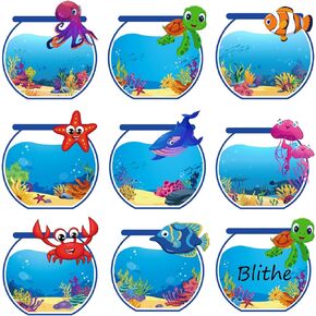 Whaline 160Pcs Ocean Theme Name Tag Stickers Sea Animal Summer Blank Nameplate Stickers Under The Sea Mixed Fish Self-Adhesive Name Label Decals for Students Gift Desk School Office
