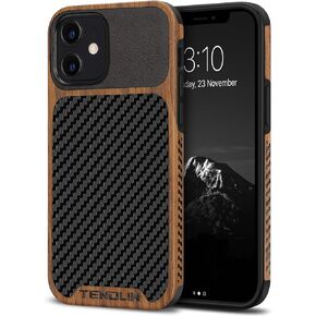 TENDLIN Compatible with iPhone 12 Case/iPhone 12 Pro Case Wood Grain with Carbon Fiber Texture Design Leather Hybrid Case Black