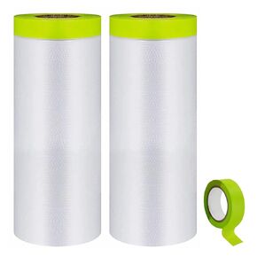 Pre-Taped Masking Film-55inx65ft Tape and Drape Painters Paper Rolls, Plastic Painting Film for Automotive Painting Covering（Masking Film:2rolls,Tape:1roll