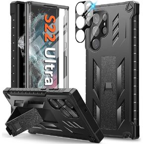 FNTCASE for Samsung Galaxy S22 Ultra Case: Built-in Screen Protector & Kickstand Full-Body Dual Layer Rugged Military Grade Shockproof Protection Heavy Duty Protective Phone Cover 5G-Black