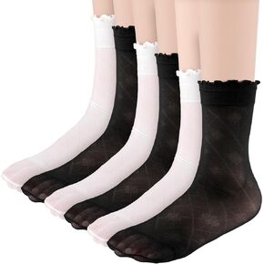 6 Pairs Sheer Ankle Socks Women Summer Ultra Thin Sheer Ruffle Socks Breathable Nylon Stocking Cool See Through Socks White Sheer Socks Soft Silk Ankle Socks Clear Tulle Socks for Women Girl