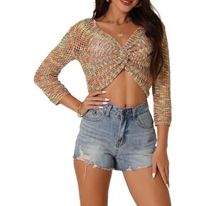 Women's Sexy Mesh Crochet Crop Top Twist Front Hollow Out See Through 3/4 Sleeve Top