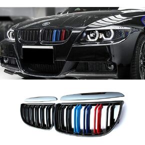 SNA E90 Grill M Color Compatible for 2004-2008 BMW 3 Series E90 E91 M3 (Double Slats M Color Kidney Grill, 4-pc Set), M Color Double Slats