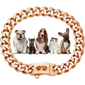 Rose Gold Chain Dog Collar 15mm 18K Gold Cuban Link Dog Collar with Secure Snap Buckle Gold Dog Chain Metal Collar for Small Medium Pitbull (20")