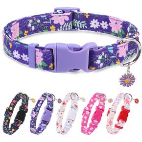 PUPTECK Cute Floral Dog Collar, Soft Cloth Fabric Dog Collars for Small Medium Large Dogs, Adjustable Puppy Collar with Pendant for Male Female Boys Girls Accessories