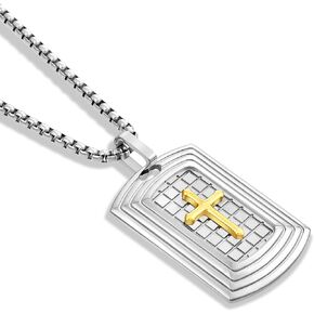 Mens Dog Tag Cross Stainless Steel Necklace, Christian Shield Dog Tag Pendant for Men, 24" Rolo Chain Crucifix Jewelry