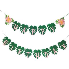 OU RUI Hawaiian Party Happy Birthday Banner for Tropical Luau Party Palm Leaf Decorations