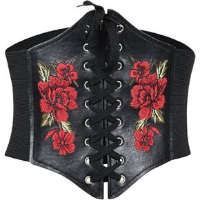 Floerns Women's Lace Up Floral Embroidery Self Tie Elastic Corset Belt