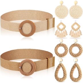 6 Packs Women Belt Straw Woven Elastic Wide Stretch Waist Belt Rattan Earrings Set, Tassel Hoop Drop Dangle Bohemian Fashion Earrings and Dress Braided Belt for Girls (White, Apricot, Simple Style)