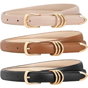 WERFORU Women 3 Pack Skinny Belt for Dress Jeans,Thin Leather Waist Belt with Gold Buckle