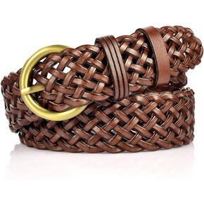 Women Leather Braided Belts for Dress 1.2 Inch Hand Made Soft Girls Woven Wasitbands with Round Gold Buckle