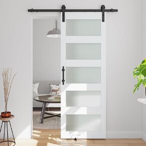 36in x 84in 5-Panel Sliding Glass Barn Door with 6.6ft Hardware Kit Included, Easy Assembly with Pre-Drilled Holes, Waterproof, Frosted Glass for Bathroom-Fit Max Opening 34in x 82in, White