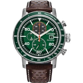 Citizen Men's Eco-Drive Weekender Brycen Chronograph Watch in Stainless Steel, Brown Preforated Leather Strap, Green Bezel, Time/Date, 3 Hand, Green Dial (Model:CA0851-05X) in Saudi Arabia