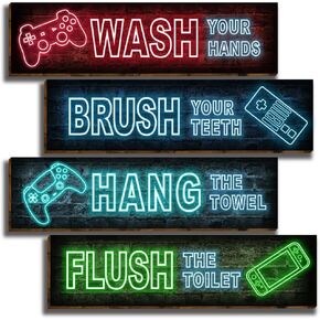 4 قطع من لافتات ديكور جدار الحمام لألعاب النيون، لافتات ديكور للحمام، فرشاة غسيل، فن جداري، قواعد حمام مضحكة، لافتة تعليق خشبية للمرحاض، لافتات ديكور للحائط للأولاد-31 in Kuwait