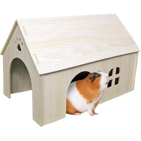 Guinea Pig Hideout 15x9x10 inch Large Size Wooden House with Window and Roof Natural Wood Hut Habitats Decor for Bunny, Chinchillas, Dwarf Rabbits, Hamsters, and Other Small Pet Animals