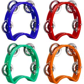 4pcs Mini Percussion Tambourine, Red Orange Blue Green Plastic Percussion Tambourine Cute Half Moon Tambourine Musical Rhythm Instruments for Boys Girls Kindergarten Party Family Gatherings