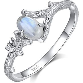 HUKQBUNX 925 Sterling Silver Natural Moonstone Ring Feminine Branch Flower Lady Shiny Wedding Engagement Ring Birthday Party Ring Size 6-10 (Size 9)