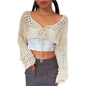 Women's Long Sleeve Cropped Cardigan Sweaters 2024 Spring Fashion Tie Front Bolero Short Knit Shrugs