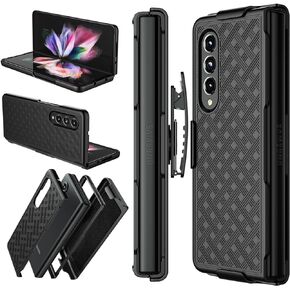 Galaxy Z Fold 3 Case with Belt Clip Holster, Heavy Duty Shockproof Armor Protective Rugged Woven Pattern Hard Plastic Phone Cover for Samsung Galaxy Z Fold 3 5G 7.6" 2021, Black