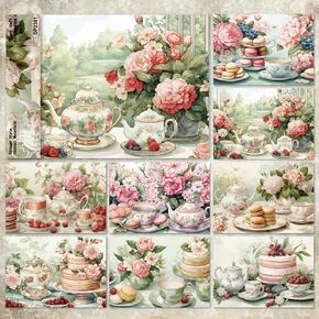 A5 size Spring Summer Vintage Teapot Style Scrapbook, DIY Album Scrapbook Paper,Greeting Card Making Background Paper Craft Supplies Painting Decoration Travel Diary Paper 14.5x21cm