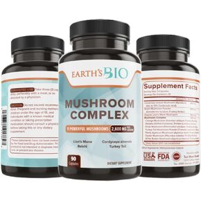EARTH'S BIO Mushroom Supplement Complex 2,600 mg per Serving, 90 Caps, with Organic Lion's Mane Mushroom, Turkey Tail, Enoki Agaricus, White Button & Oyster Mushroom - Memory & Immune Support