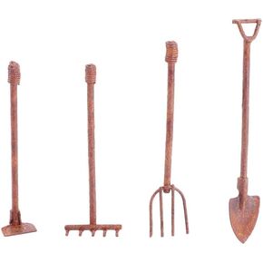 4Pcs Dollhouse Farming Tools, 1:12 Scale Miniature Rusty Metal Shovel Hoe and Pitchfork Kit Dolls House Furniture Accessories for Garden Landscape