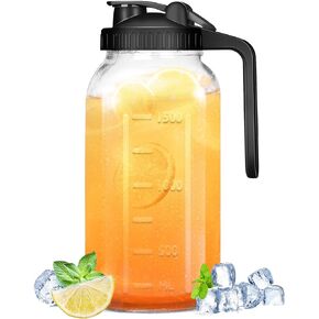 Glass Pitcher with Lid - 2 Quart Wide Mouth Mason Jar Pitcher, 64OZ Double Leak-proof Water Pitcher, Breastmilk Pitcher with Pour Spout Lids for Water, Juice, Milk, Tea, Iced Coffee, and Drinks