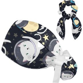 Space Cats Cute Scrub Caps Surgical Women with Button Adjustable Hats Surgical Caps with Scrunchie for Women