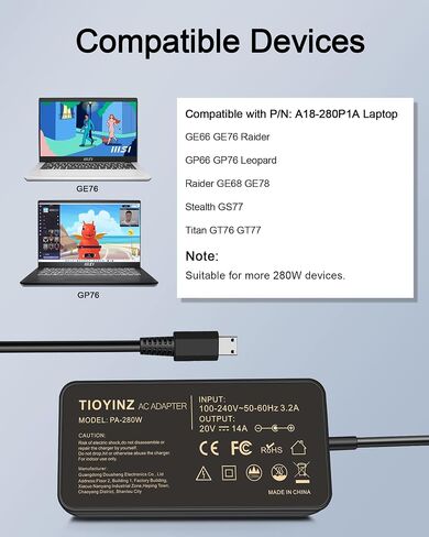 280W USB Tip Laptop Charger for MSI GE76 GE66 Raider GP76 GP66 Leopard WE76 WE76-11UX Laptop AC Power Adapter 20V 14A in Saudi Arabia