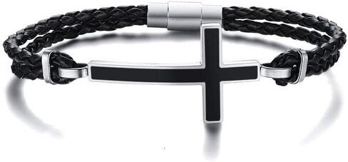 LG Gifts Ltd. سوار متقاطع من الجلد الأسود المضفر والستانلس ستيل للرجال المسيحيين | سوار معصم متقاطع من الجلد المسيحي للرجال in Kuwait