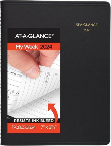 AT-A-GLANCE 2024 Weekly Planner, Hourly Appointment Book, 7" x 8-3/4", Medium, Black (708650524) in Saudi Arabia
