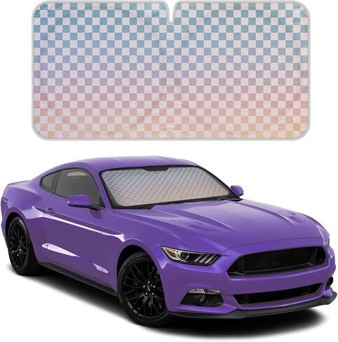 BDK Checker Gradient Car Window Sun Shade Auto Shade Auto لواقي الزجاج الأمامي، كتلة الأشعة فوق البنفسجية تعكس الحرارة للحفاظ على سيارتك SUV شاحنة باردة جامبو 64 بوصة × 32 بوصة in Saudi Arabia
