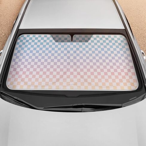 BDK Checker Gradient Car Window Sun Shade Auto Shade Auto لواقي الزجاج الأمامي، كتلة الأشعة فوق البنفسجية تعكس الحرارة للحفاظ على سيارتك SUV شاحنة باردة جامبو 64 بوصة × 32 بوصة in Saudi Arabia