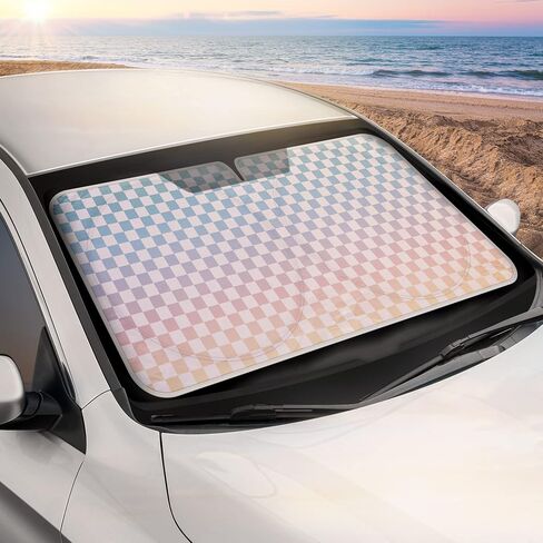 BDK Checker Gradient Car Window Sun Shade Auto Shade Auto لواقي الزجاج الأمامي، كتلة الأشعة فوق البنفسجية تعكس الحرارة للحفاظ على سيارتك SUV شاحنة باردة جامبو 64 بوصة × 32 بوصة in Saudi Arabia