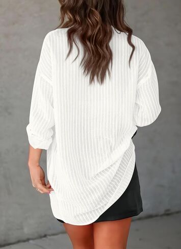 Diosun Womens Striped Sheer Button Down Shirts Long Sleeve Collared Drop Shoulder Stylish Casual Blouse Tops in Saudi Arabia