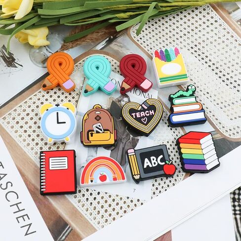 12pcs Teacher School Theme Silicone Beads, Focal Beads Silicone for Pens Characters Loose Rubber Silicone Beads Bulk for Keychain Making Necklace Bracelet Lanyard Craft in Kuwait