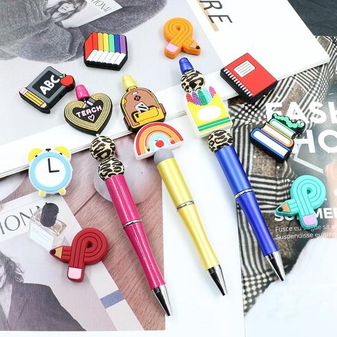 12pcs Teacher School Theme Silicone Beads, Focal Beads Silicone for Pens Characters Loose Rubber Silicone Beads Bulk for Keychain Making Necklace Bracelet Lanyard Craft in Kuwait