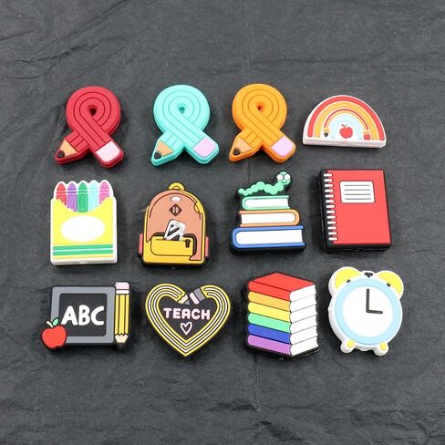 12pcs Teacher School Theme Silicone Beads, Focal Beads Silicone for Pens Characters Loose Rubber Silicone Beads Bulk for Keychain Making Necklace Bracelet Lanyard Craft in Kuwait