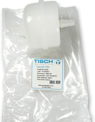 مرشحات كبسولة نايلون SF14930 من Tisch، 0.22 مم، 65 مم × 46 مم، وصلات خرطوم 3/8 بوصة، 1/pk/1 لكل عبوة | قابلية التبلل: محبة للماء | منطقة الترشيح: 527 (سم2) | in Kuwait