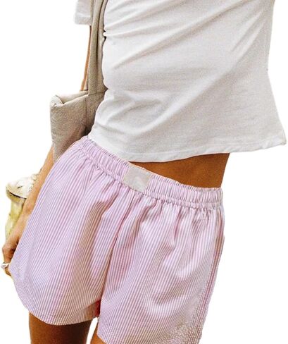 Women Cute Stripe Boxer Shorts Low Rise Elastic Waist Lounge Shorts Pj Sleep Shorts Summer Streetwear in Saudi Arabia