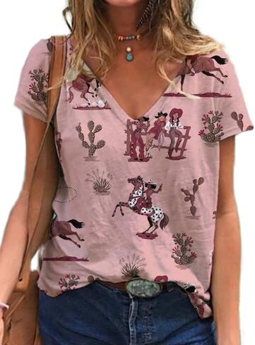 Women's Western Cactus Horse V-Neck T-Shirts Tops Vintage Pattern T-Shirt Novelty Short Sleeve T-Shirt Top in Saudi Arabia