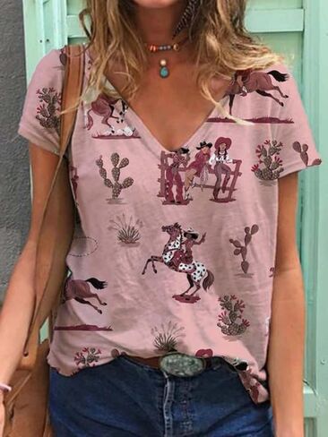 Women's Western Cactus Horse V-Neck T-Shirts Tops Vintage Pattern T-Shirt Novelty Short Sleeve T-Shirt Top in Saudi Arabia