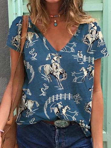 Women's Western Cactus Horse V-Neck T-Shirts Tops Vintage Pattern T-Shirt Novelty Short Sleeve T-Shirt Top in Saudi Arabia