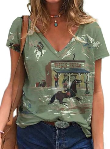 Women's Western Cactus Horse V-Neck T-Shirts Tops Vintage Pattern T-Shirt Novelty Short Sleeve T-Shirt Top in Saudi Arabia