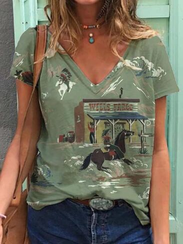 Women's Western Cactus Horse V-Neck T-Shirts Tops Vintage Pattern T-Shirt Novelty Short Sleeve T-Shirt Top in Saudi Arabia