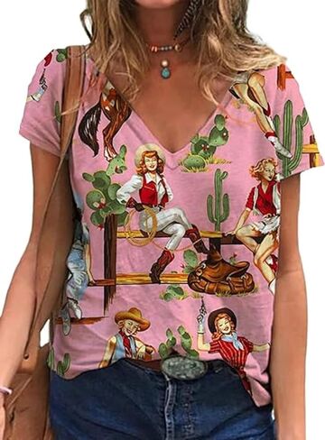 Women's Western Cactus Horse V-Neck T-Shirts Tops Vintage Pattern T-Shirt Novelty Short Sleeve T-Shirt Top in Saudi Arabia