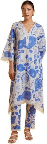 مجموعة سراويل كورتا من ذا لوم للنساء بأكمام قصيرة ورقبة على شكل حرف V ملابس عرقية هندية مطبوعة كورتي عرقية هندية للفتيات باللون الأبيض والأزرق in Kuwait